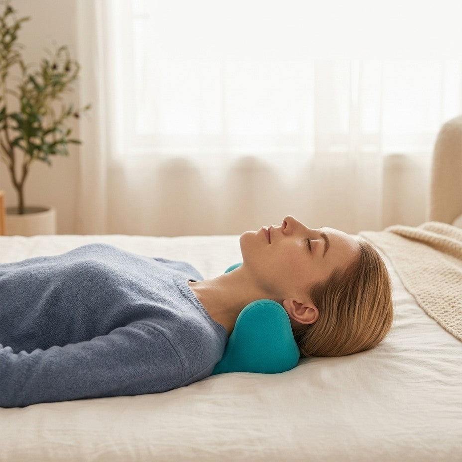 Mujer relajada usando la almohada de masaje NeckReset bajo el cuello